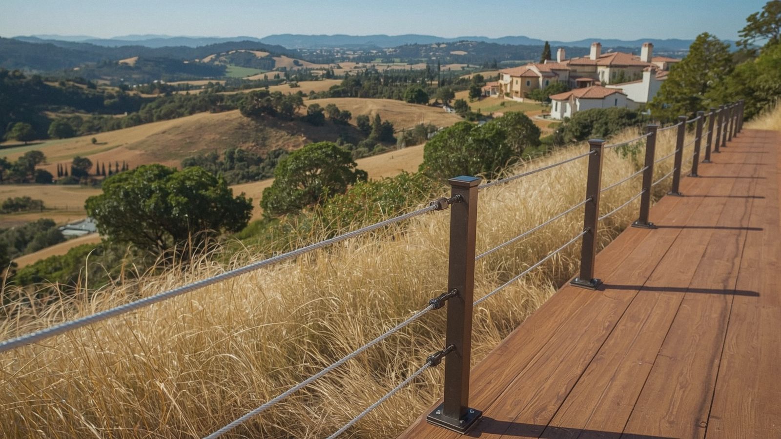Stainless cable railing on a hillside deck in Danville