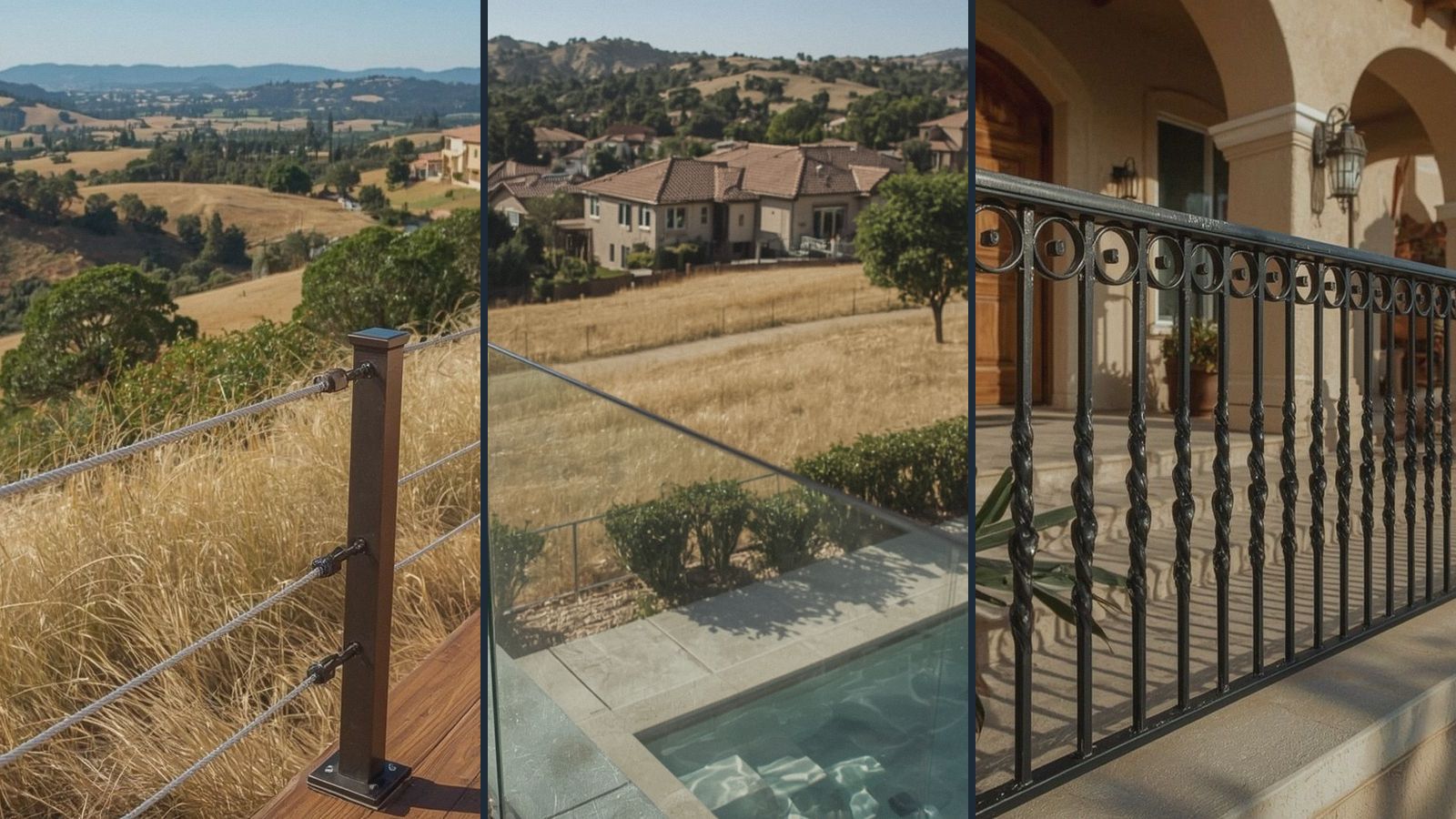 Cable, glass, and iron railing sections compared side by side