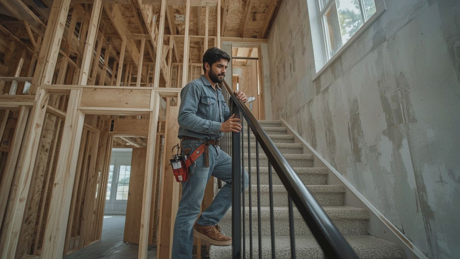 Railing installer setting posts on a new-construction stair