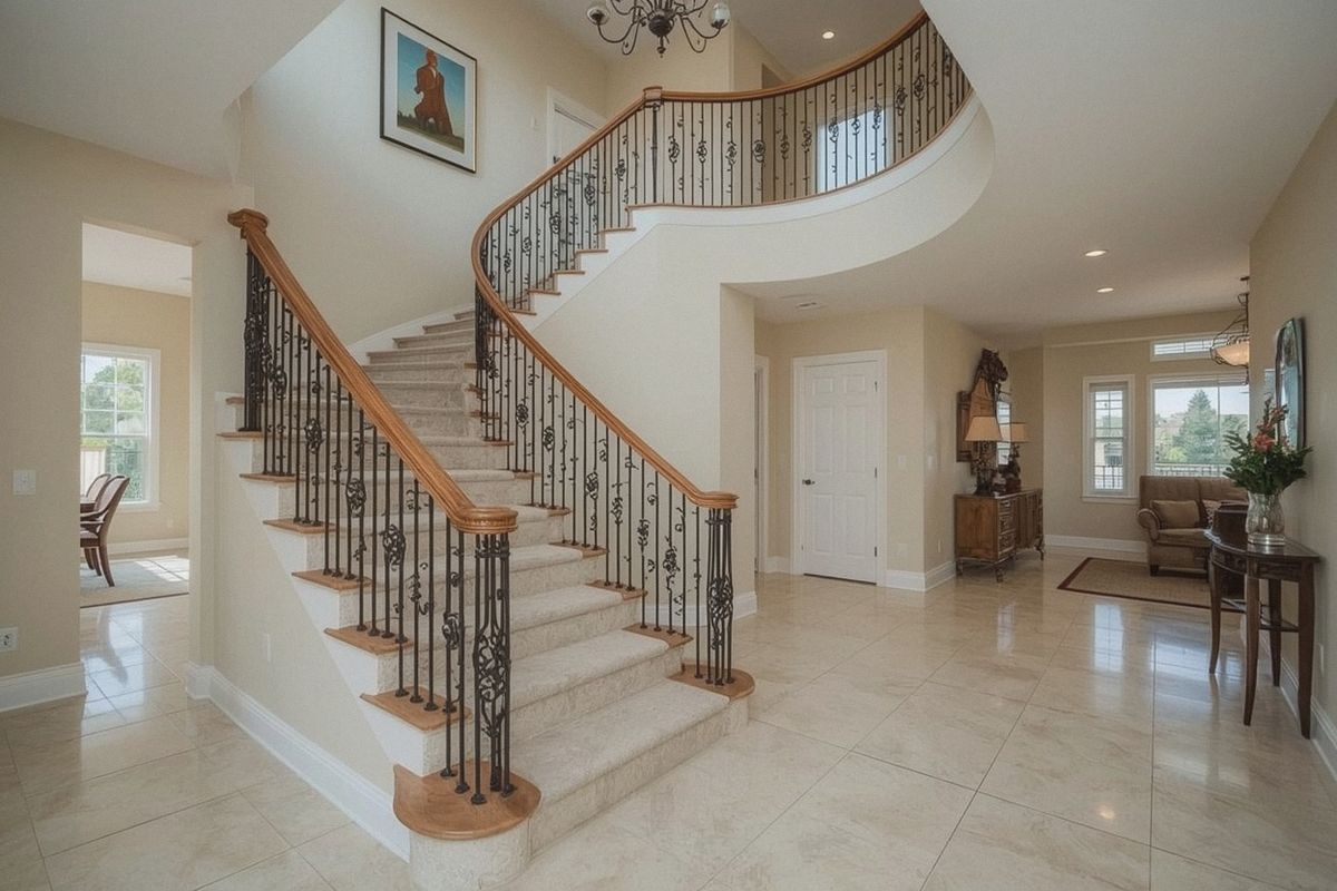 Custom wrought iron stair railing in a two-story San Ramon foyer
