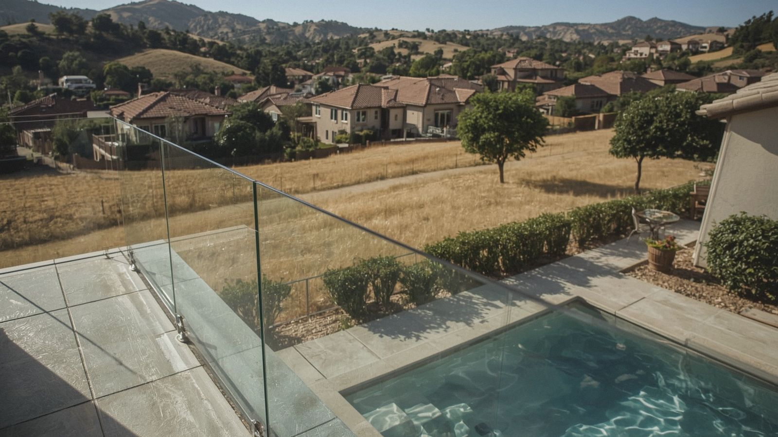 Frameless tempered glass railing on a Pleasanton patio