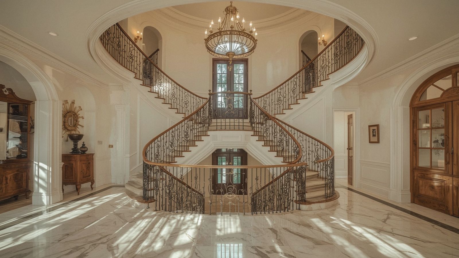 Hand-forged iron railing on a curved estate staircase