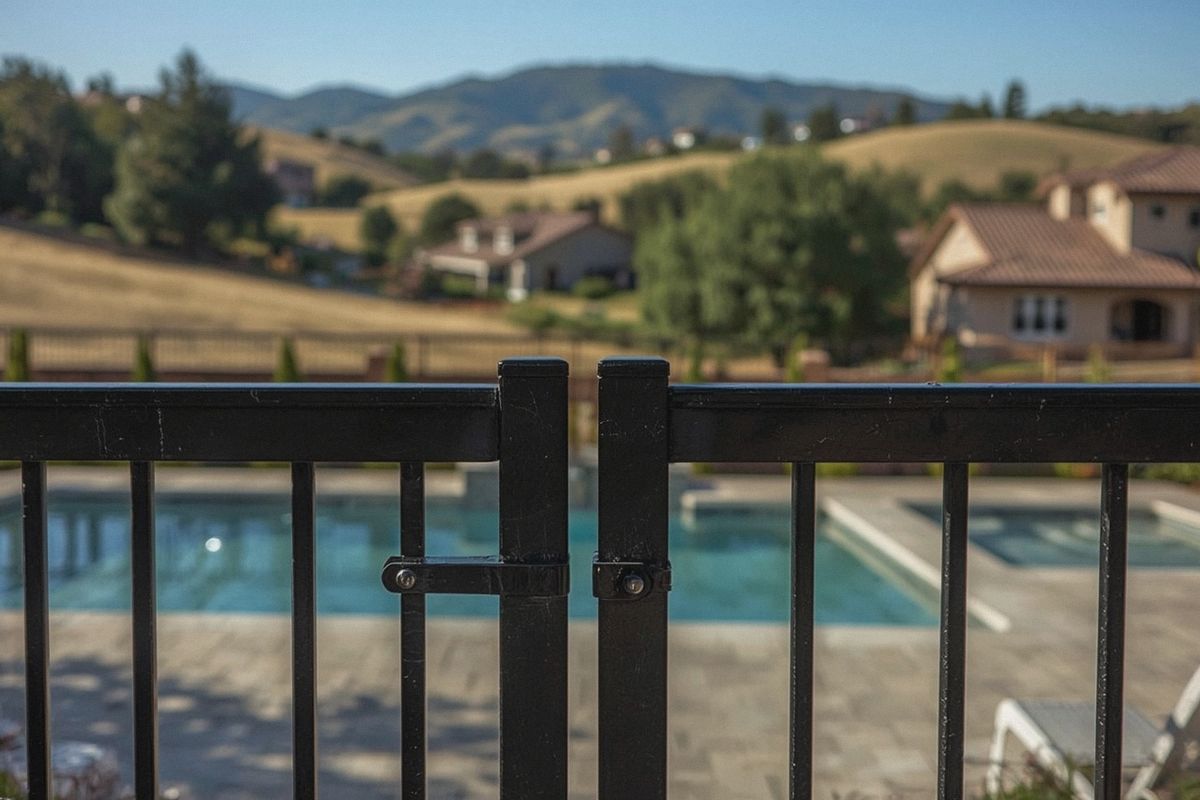 Self-closing, self-latching metal pool gate around a backyard pool