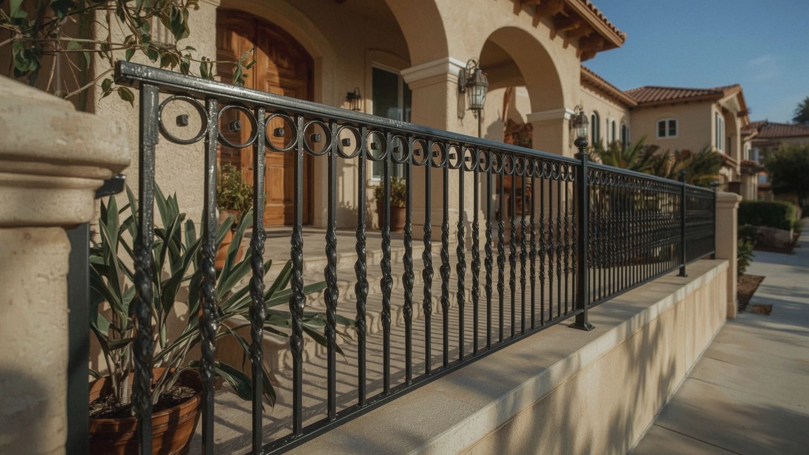 Black wrought iron railing on a San Ramon home entry