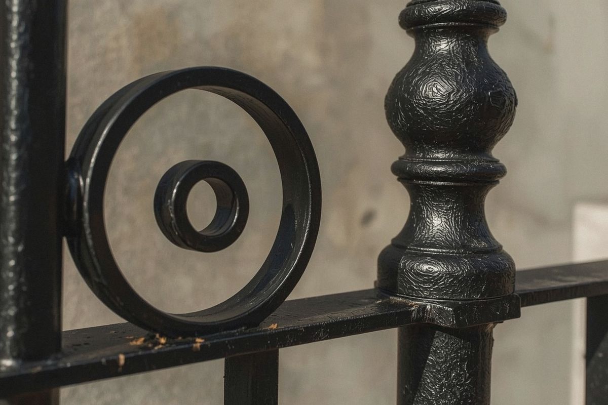 Close-up of a forged scroll and basket picket on a custom iron railing